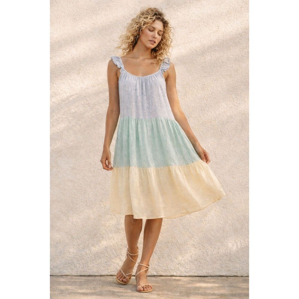 Rails Capri Rainbow Stripe Linen Blend Tiered Ruffle Midi Nautical Dress Size XS